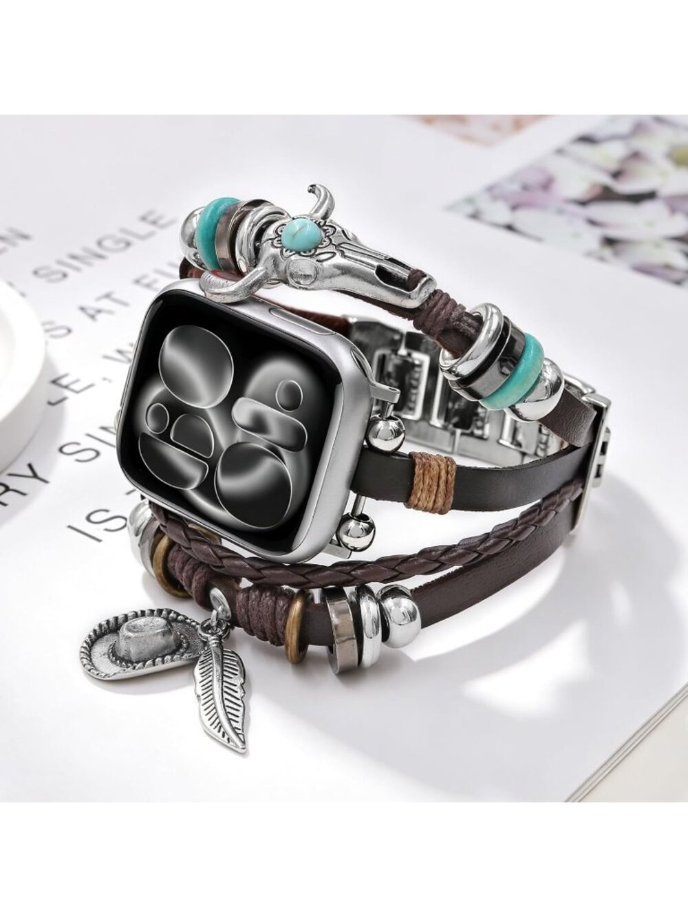 Unisex Hat Feather Beaded Boho Bracelet Compatible Leather Band with Apple Watch - Picture 3 of 5